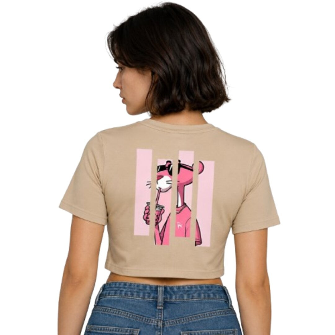 Pink Panther Printed Round Neck Crop Pre-customized Tshirt for Women