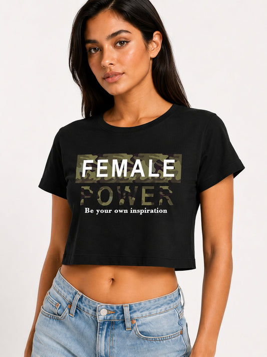Female Power Printed Round Neck Crop Pre-customized Tshirt for Women