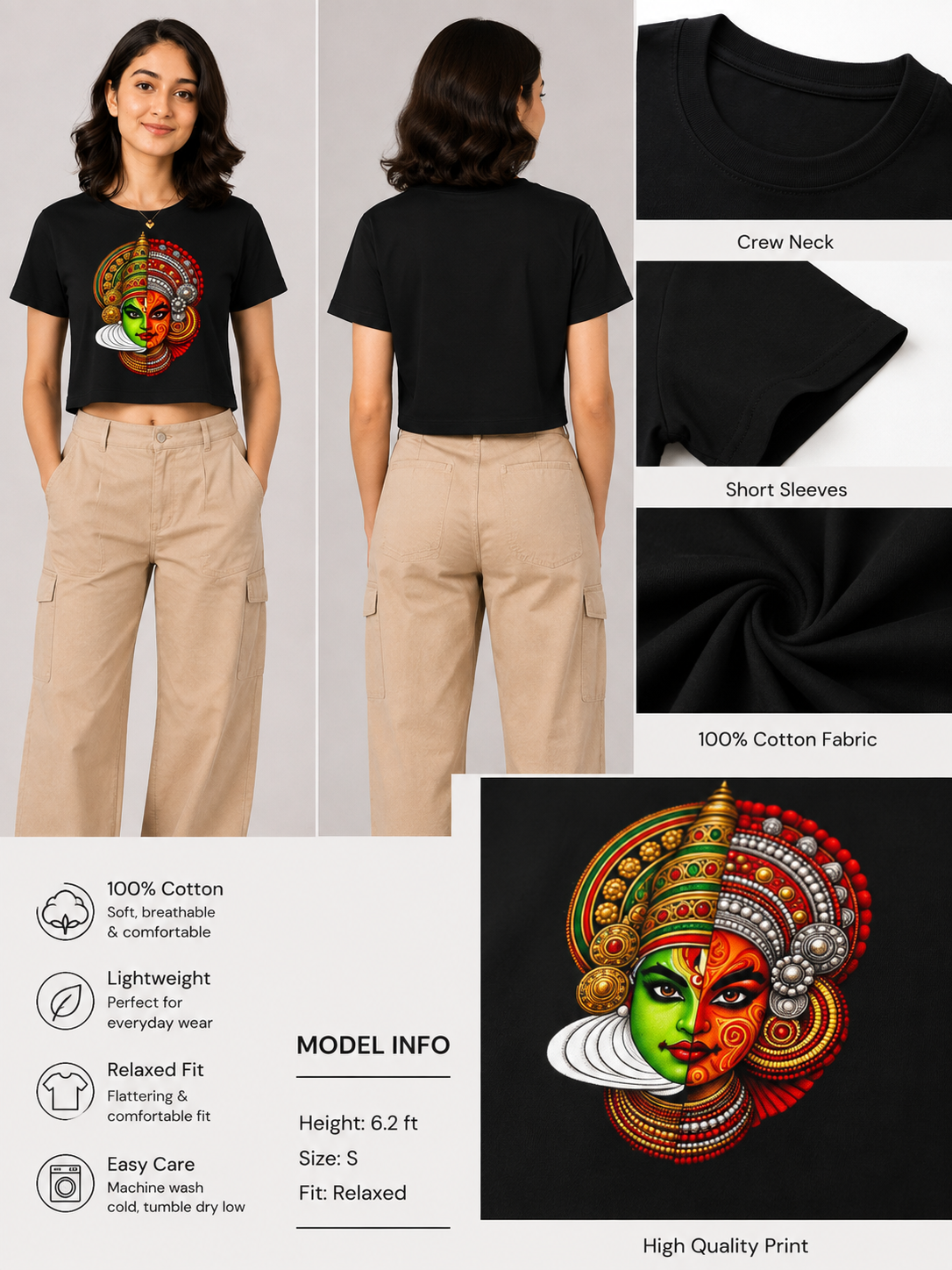 Kadhakali Printed Round Neck Crop Pre-customized Tshirt for Women