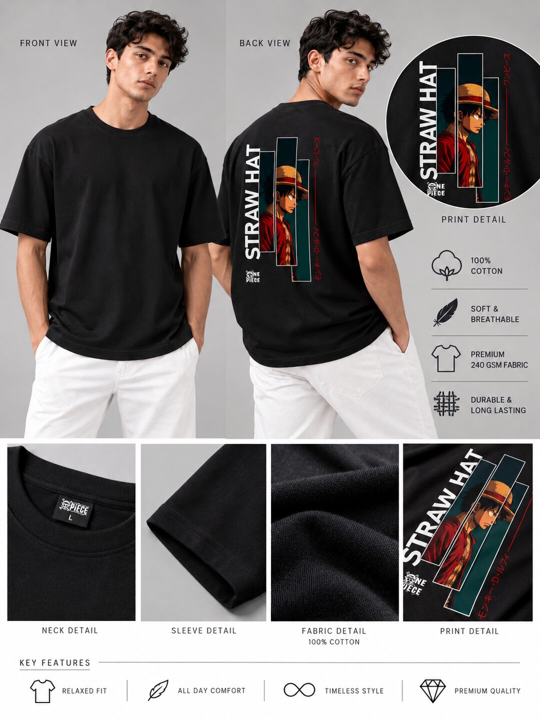 Strawhat Printed Round Neck Oversize Pre-customized Tshirt for Men