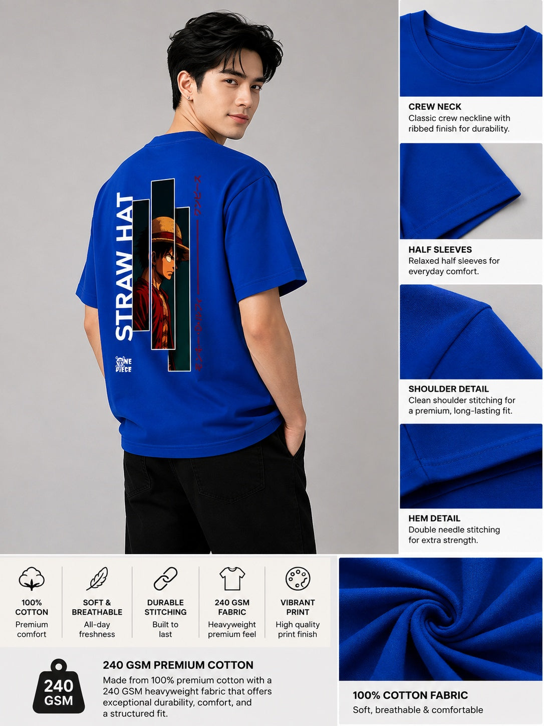 Strawhat Printed Round Neck Oversize Pre-customized Tshirt for Men