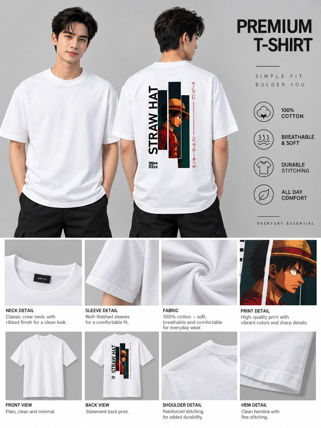 Strawhat Printed Round Neck Oversize Pre-customized Tshirt for Men