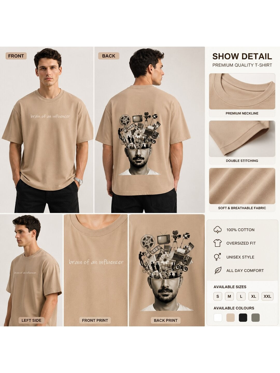 Influencer brain Printed Round Neck Oversize Pre-customized Tshirt for Men