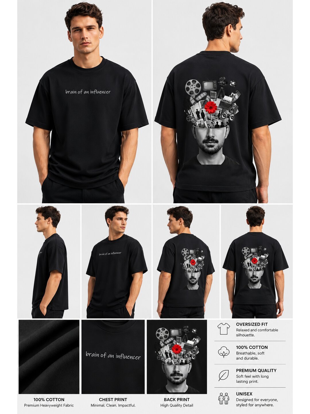 Influencer brain Printed Round Neck Oversize Pre-customized Tshirt for Men