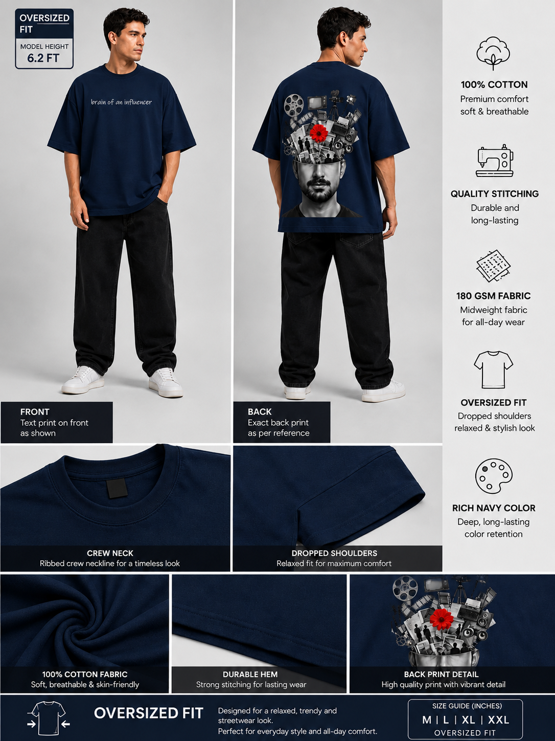 Influencer brain Printed Round Neck Oversize Pre-customized Tshirt for Men