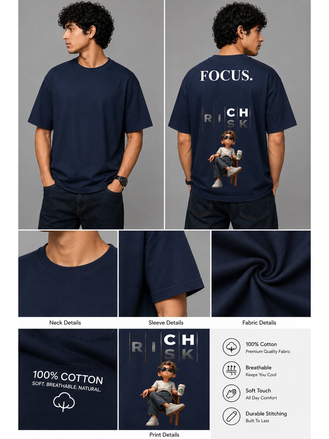 Focus Printed Round Neck Oversize Pre-customized Tshirt for Men