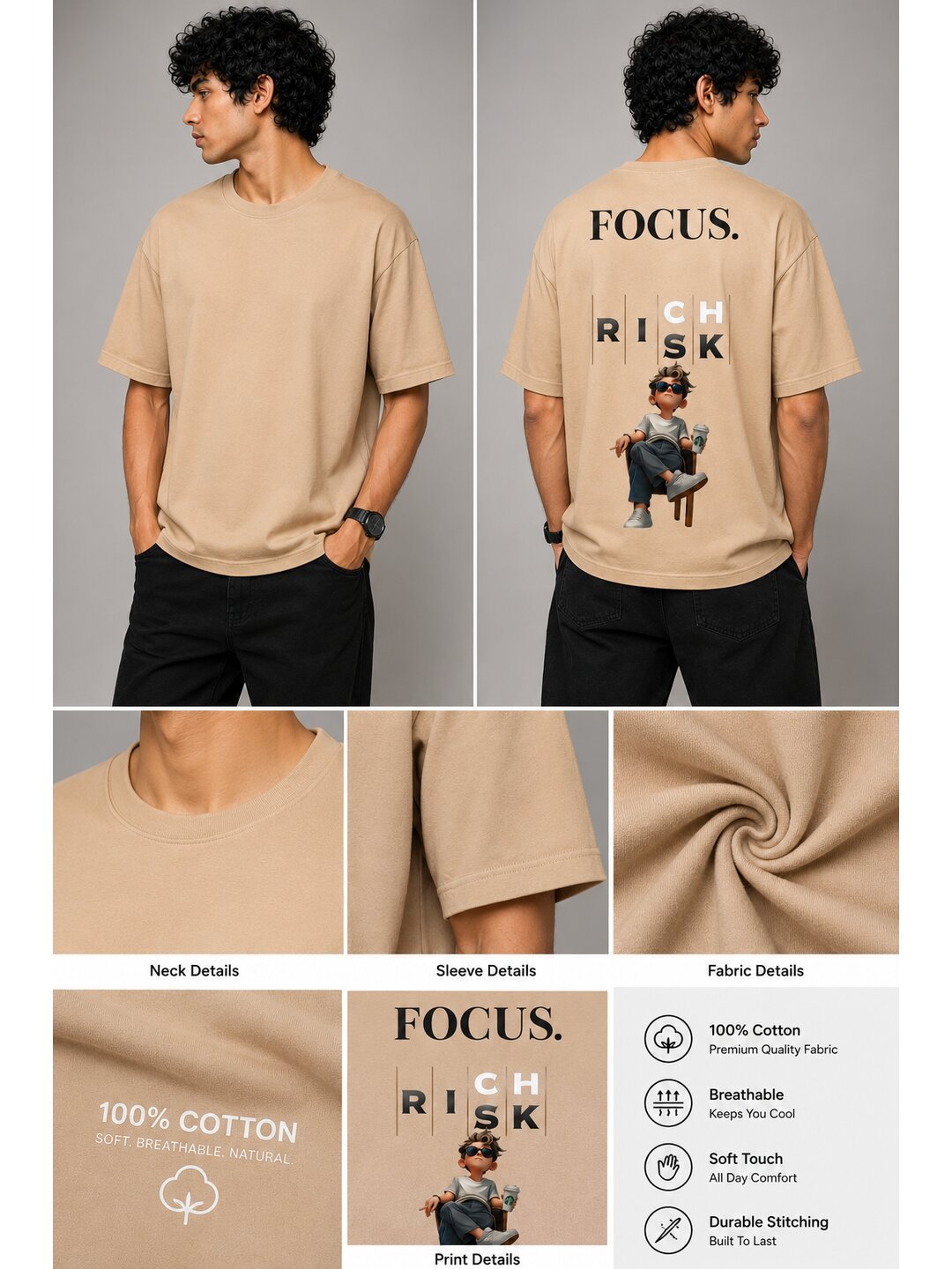 Focus Printed Round Neck Oversize Pre-customized Tshirt for Men