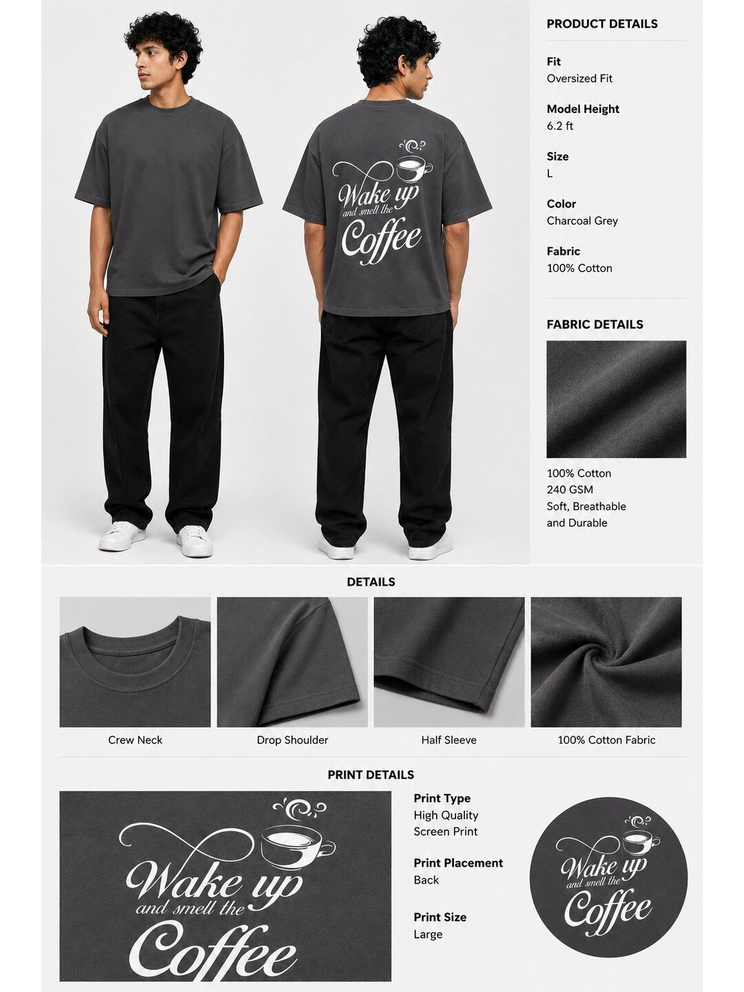 Wake Up Printed Round Neck Oversized Pre-customized Tshirt for Men