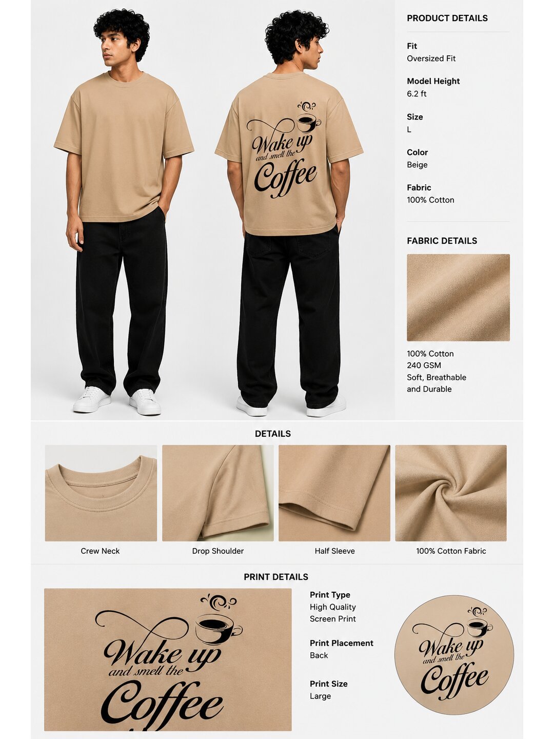 Wake Up Printed Round Neck Oversized Pre-customized Tshirt for Men