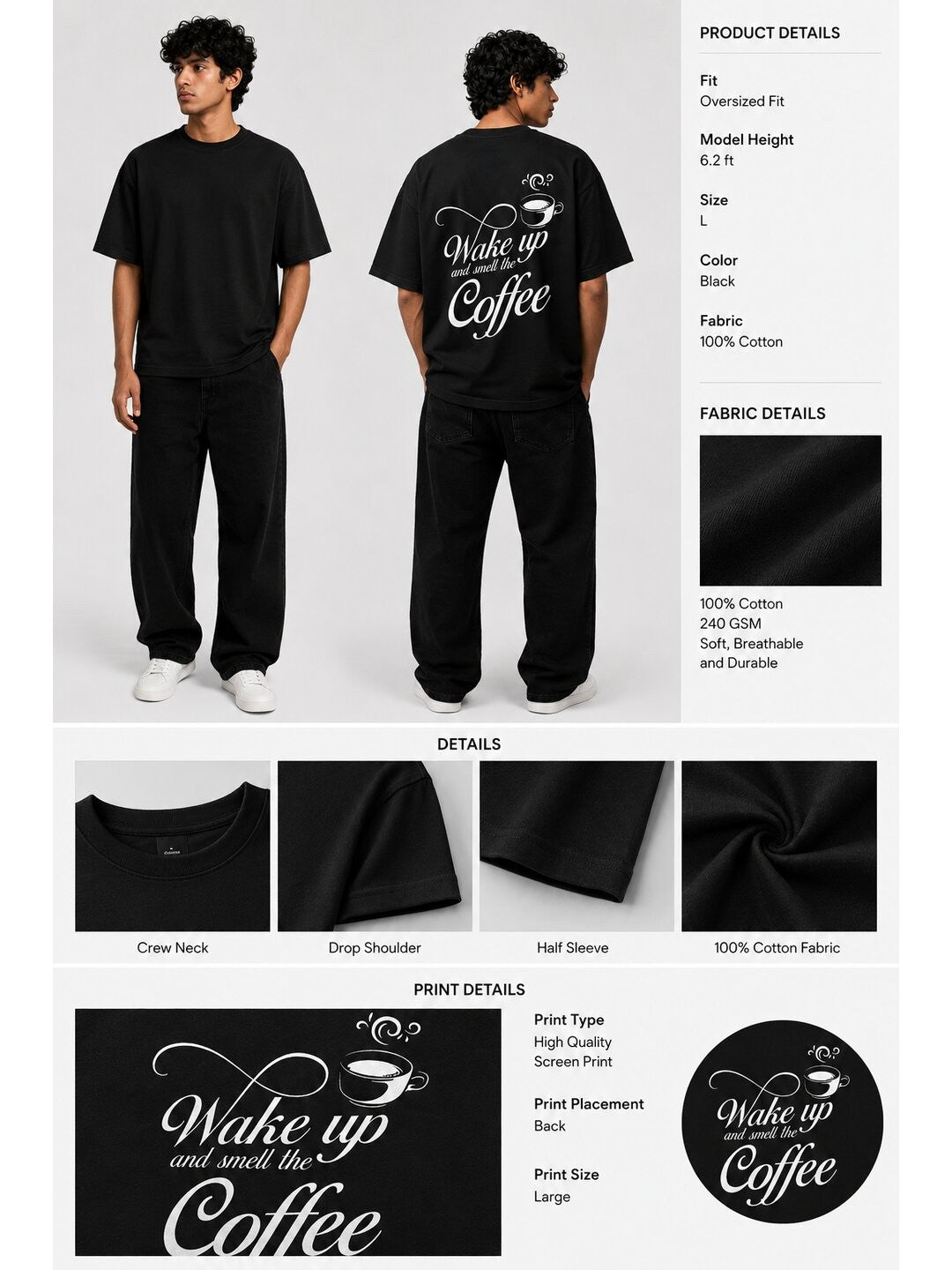 Wake Up Printed Round Neck Oversized Pre-customized Tshirt for Men