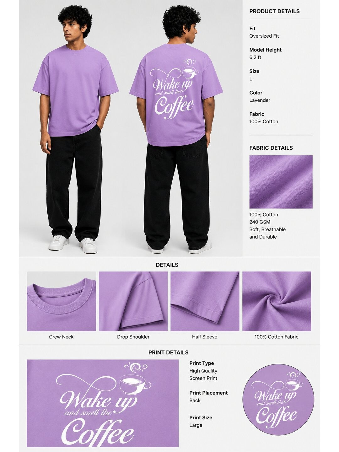 Wake Up Printed Round Neck Oversized Pre-customized Tshirt for Men