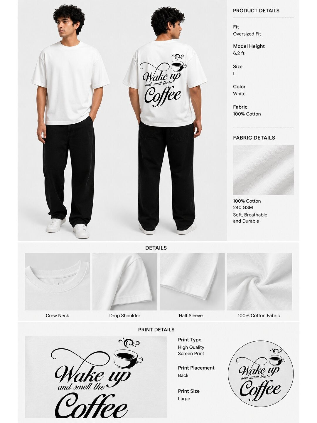 Wake Up Printed Round Neck Oversized Pre-customized Tshirt for Men