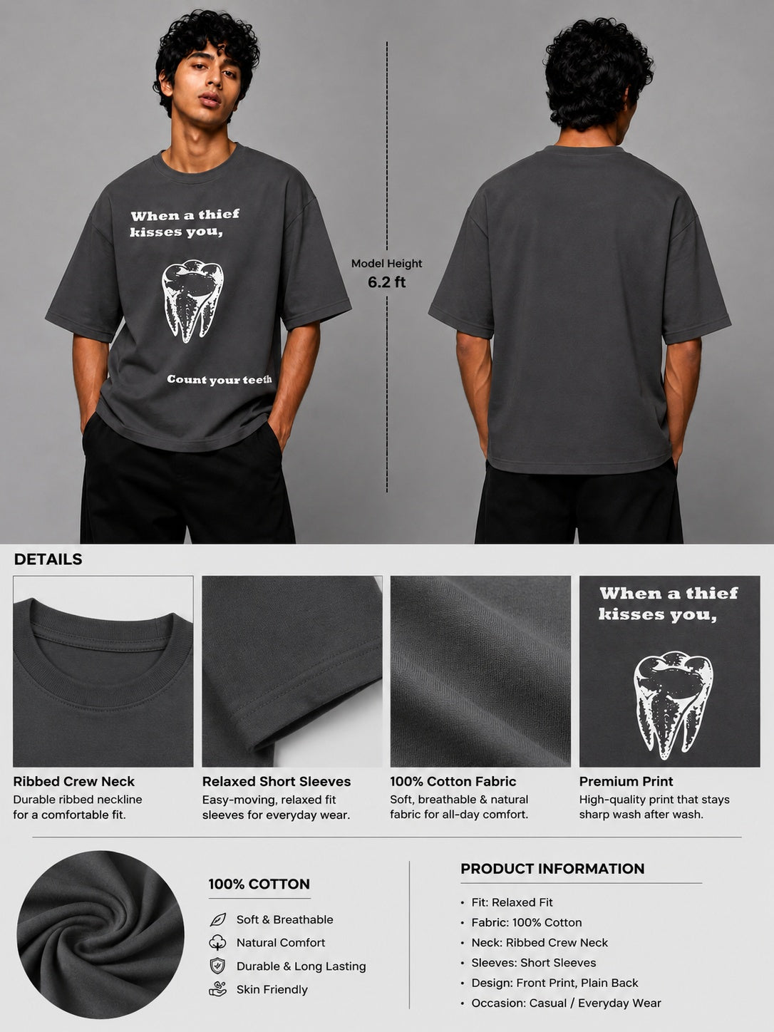 Tooth Printed Round Neck Oversize Pre-customized Tshirt for Men