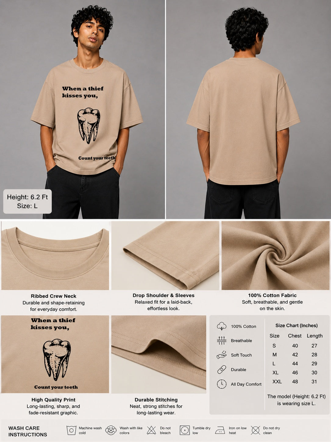 Tooth Printed Round Neck Oversize Pre-customized Tshirt for Men