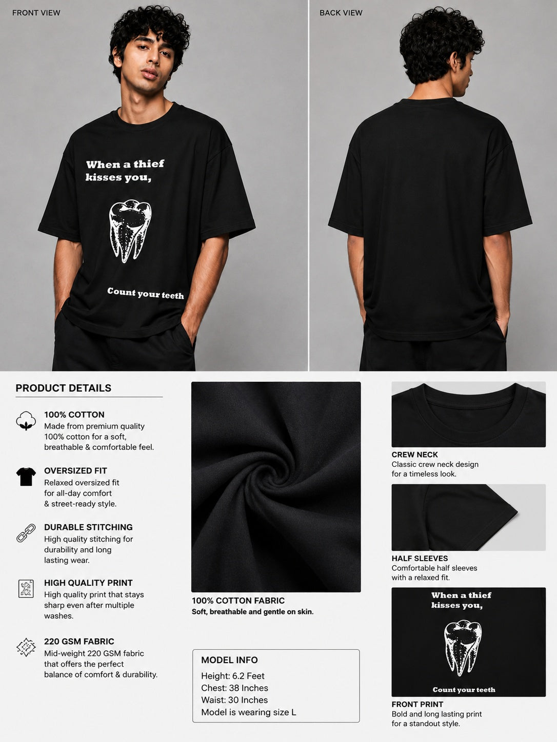 Tooth Printed Round Neck Oversize Pre-customized Tshirt for Men