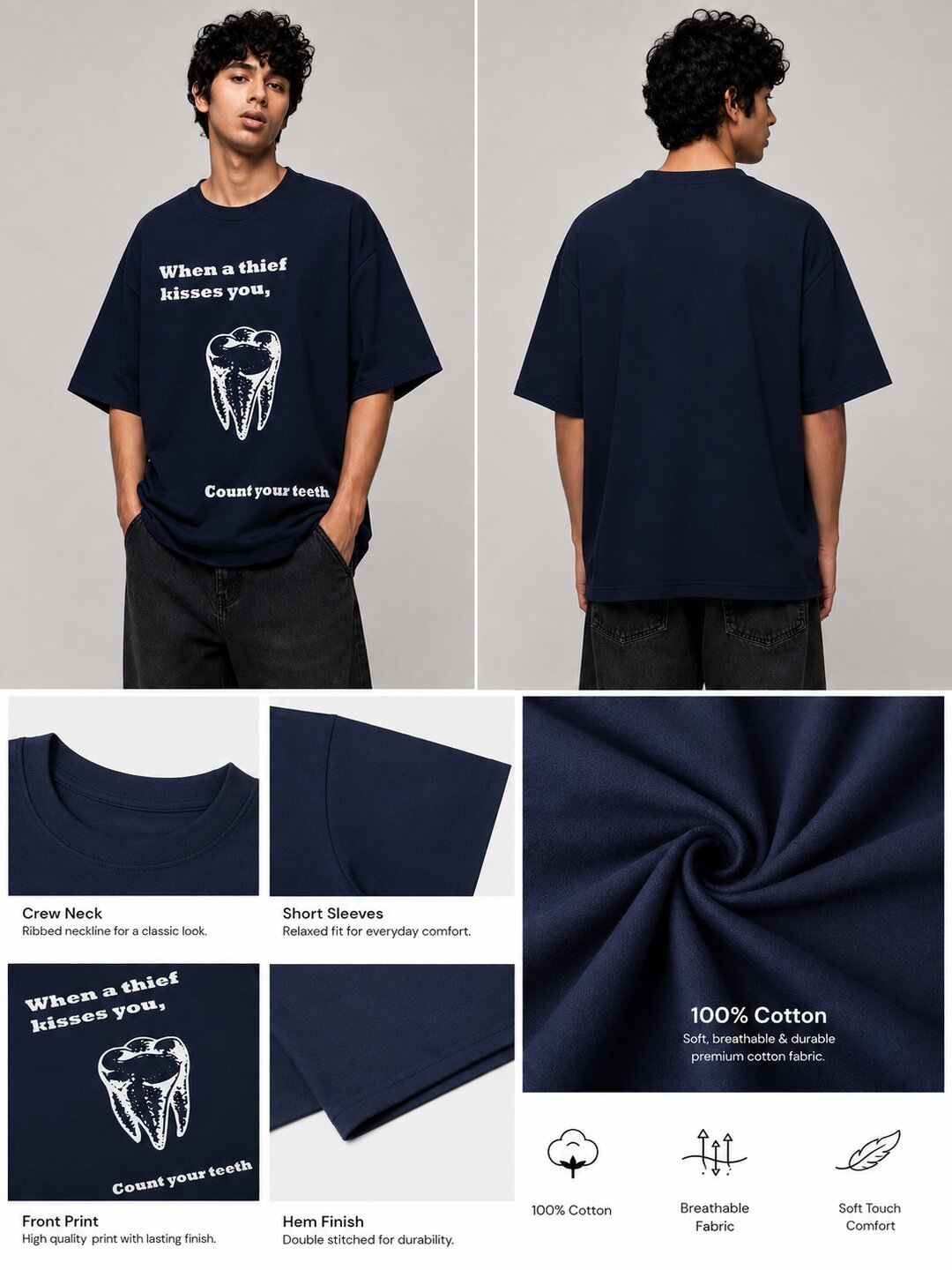 Tooth Printed Round Neck Oversize Pre-customized Tshirt for Men