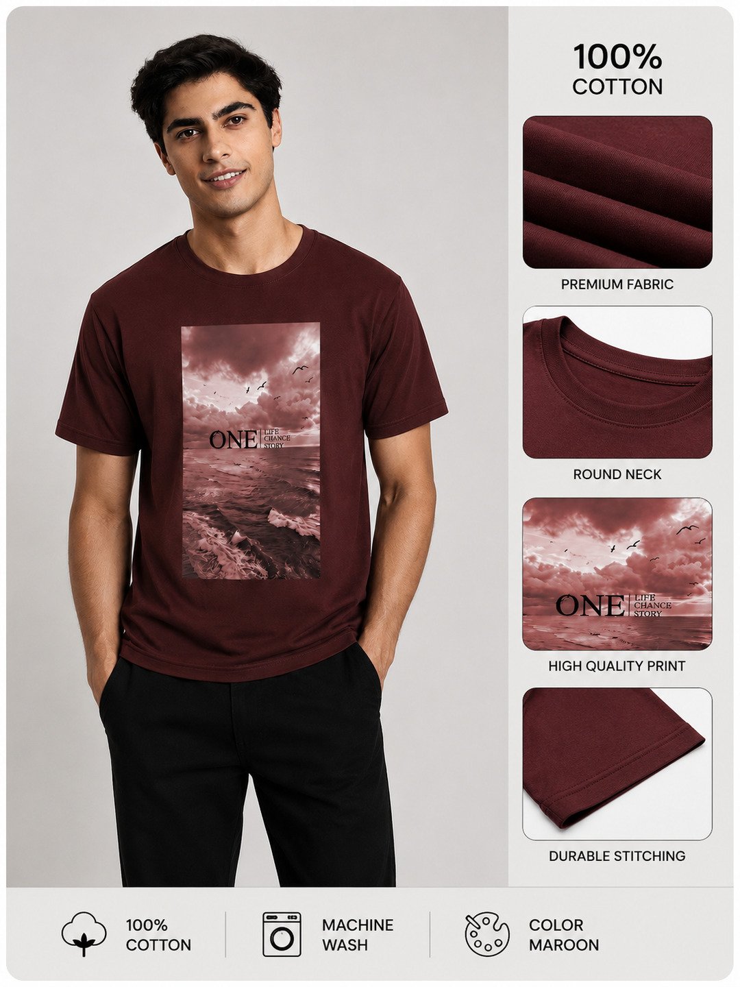 One Life Printed Round Neck Regular Pre-customized Tshirt for Men