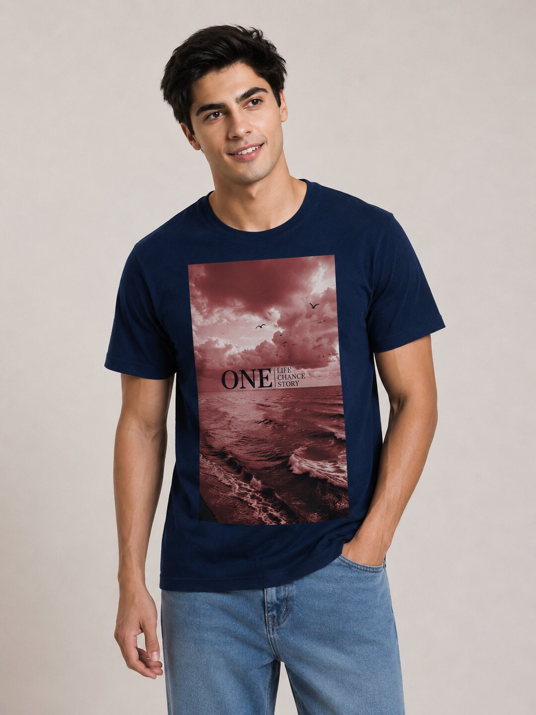 One Life Printed Round Neck Regular Pre-customized Tshirt for Men
