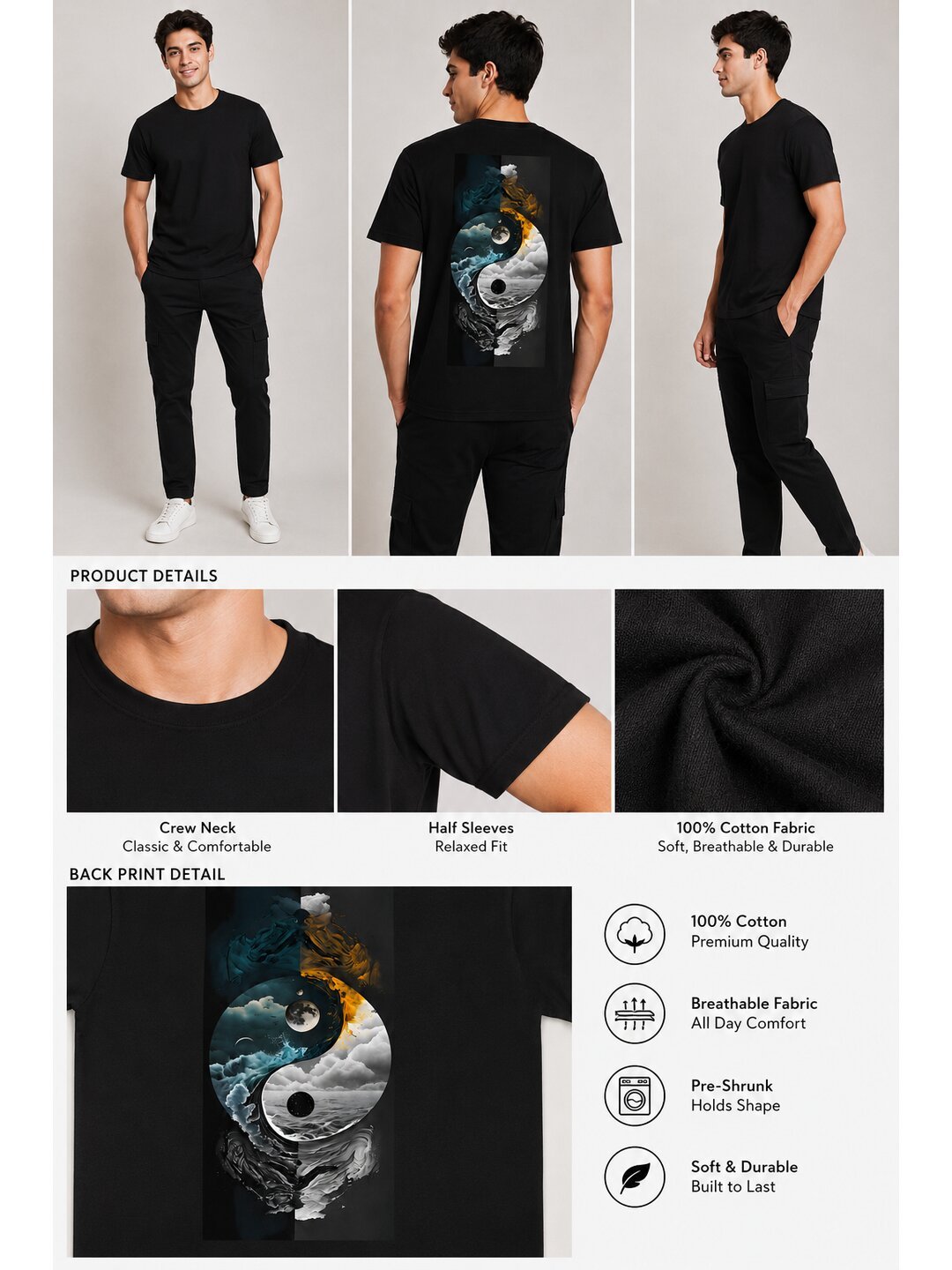 Yinyang Printed Round Neck Regular Pre-customized Tshirt for Men