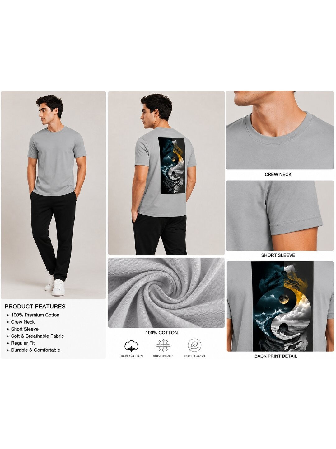 Yinyang Printed Round Neck Regular Pre-customized Tshirt for Men