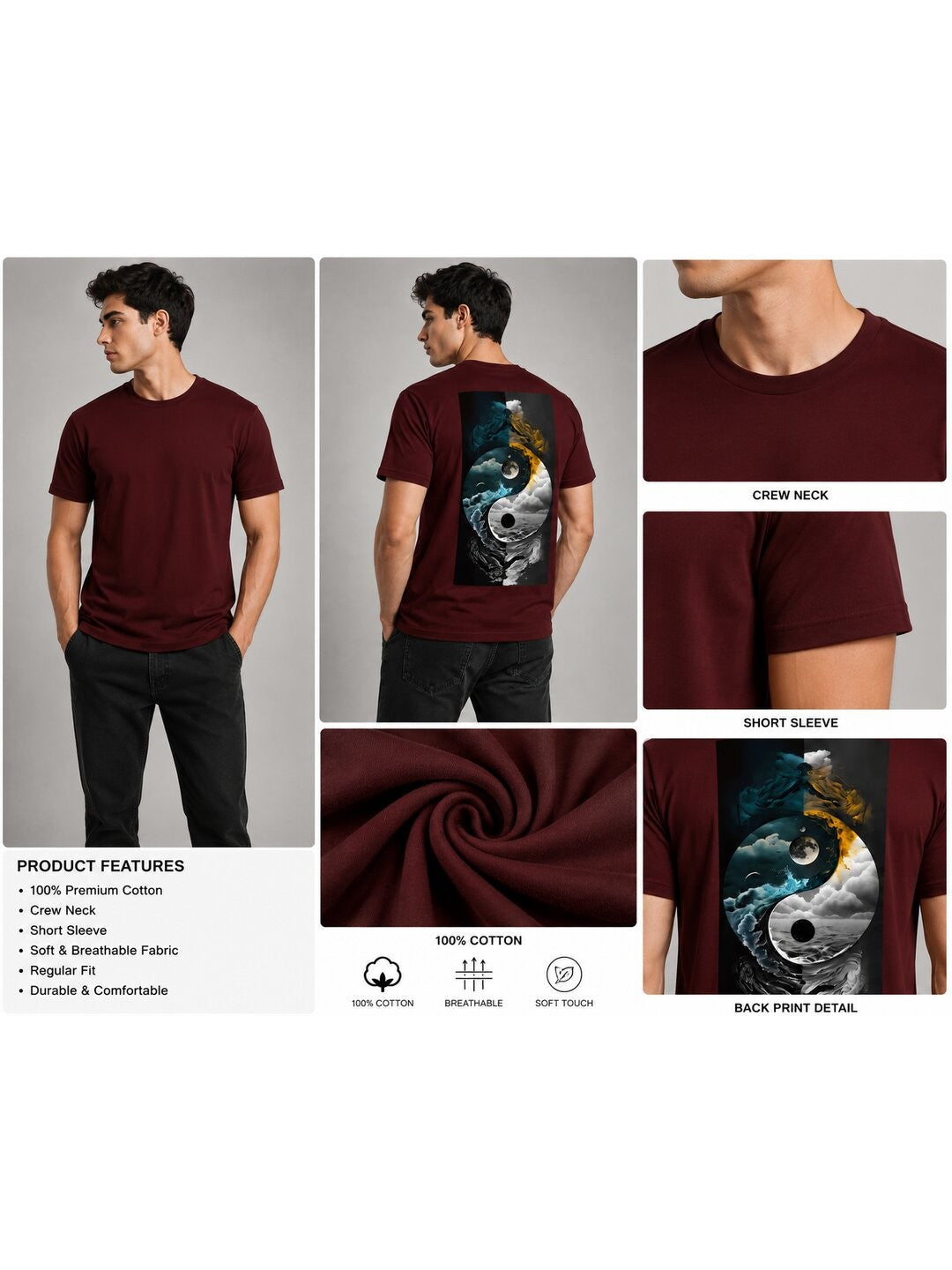 Yinyang Printed Round Neck Regular Pre-customized Tshirt for Men