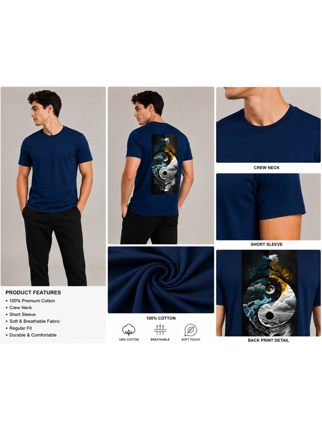 Yinyang Printed Round Neck Regular Pre-customized Tshirt for Men