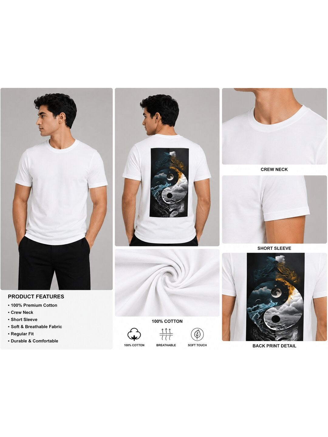 Yinyang Printed Round Neck Regular Pre-customized Tshirt for Men
