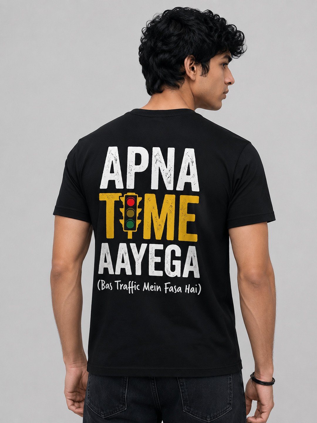 Apna Time Aayega Printed Round Neck Regular Pre-customized Tshirt for Men
