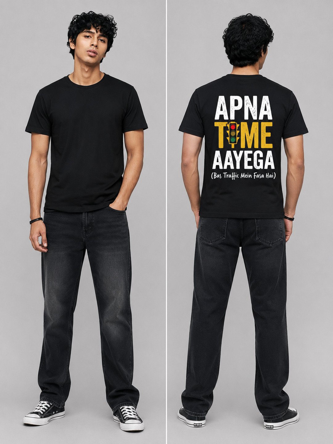 Apna Time Aayega Printed Round Neck Regular Pre-customized Tshirt for Men