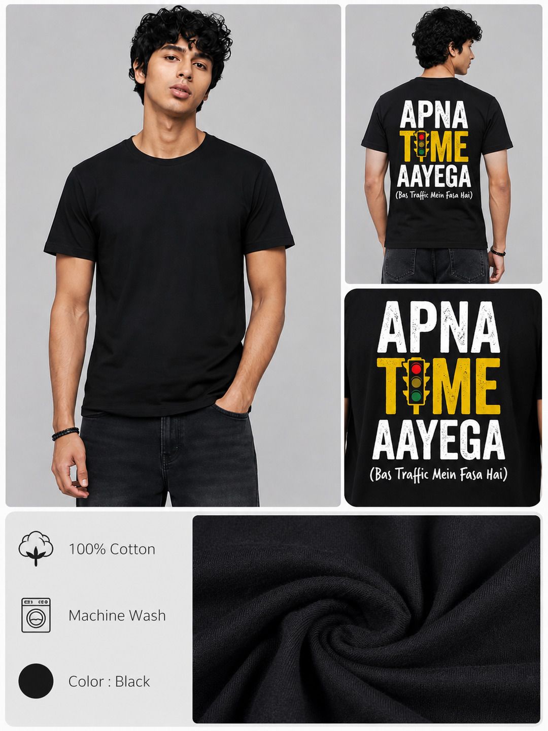 Apna Time Aayega Printed Round Neck Regular Pre-customized Tshirt for Men