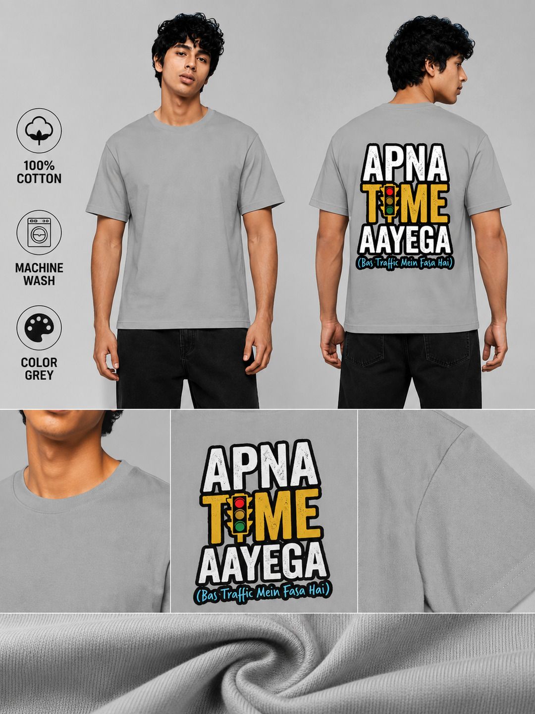 Apna Time Aayega Printed Round Neck Regular Pre-customized Tshirt for Men