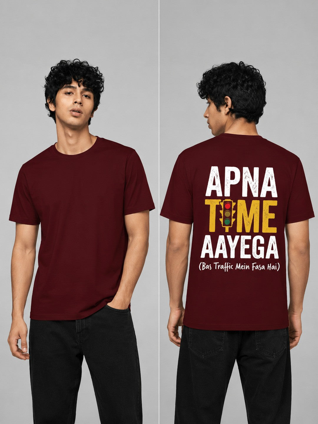 Apna Time Aayega Printed Round Neck Regular Pre-customized Tshirt for Men