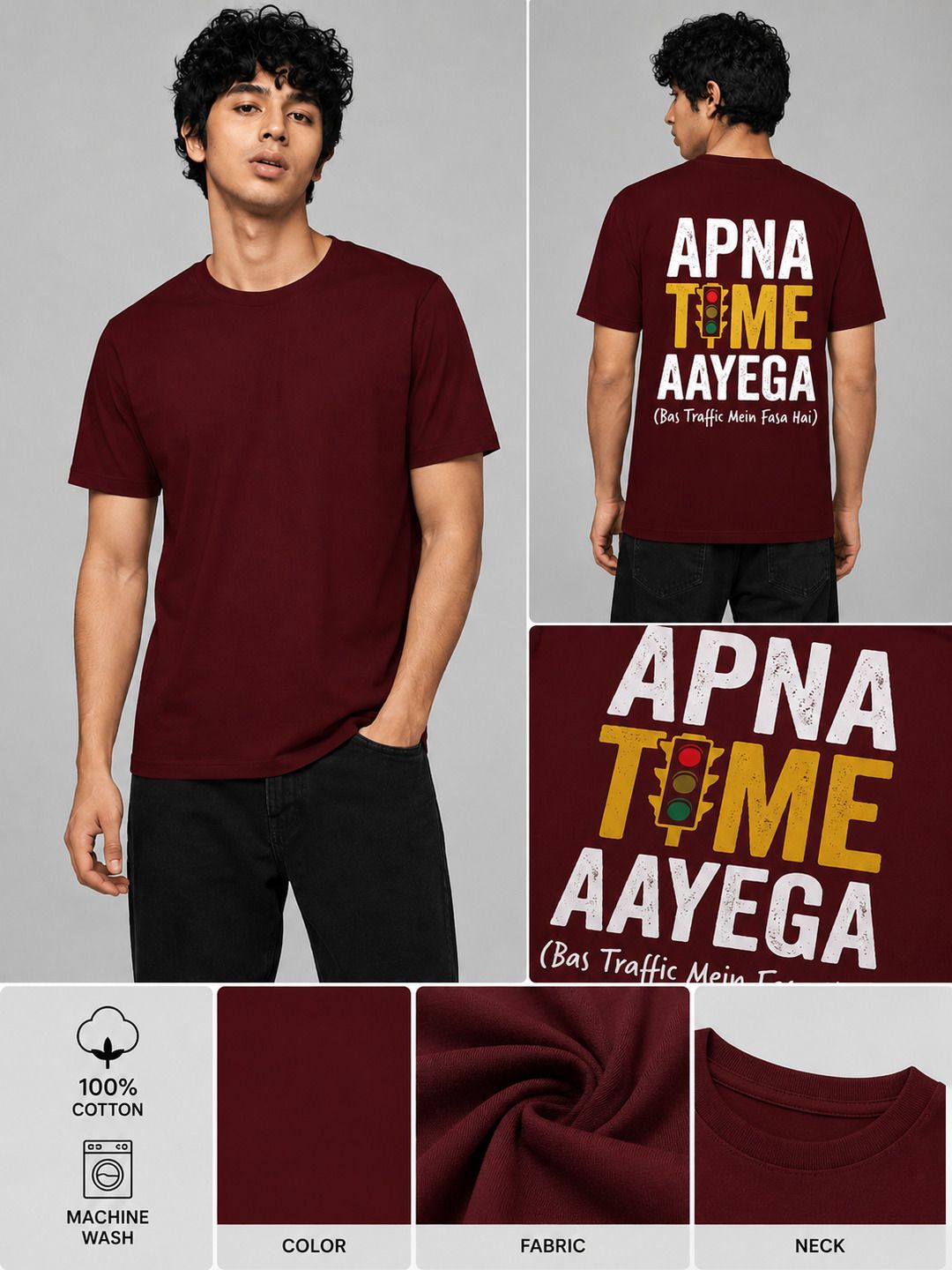 Apna Time Aayega Printed Round Neck Regular Pre-customized Tshirt for Men
