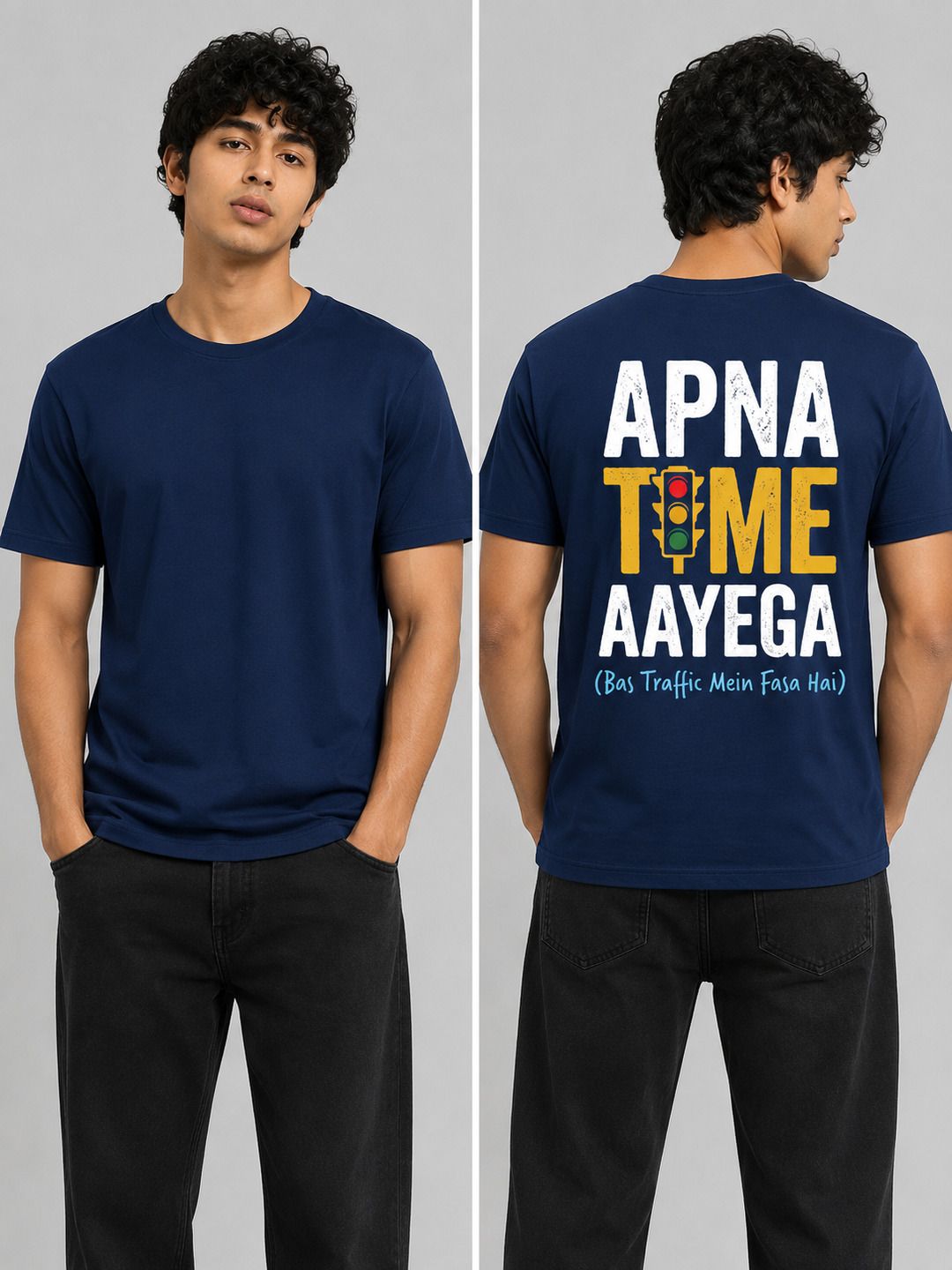 Apna Time Aayega Printed Round Neck Regular Pre-customized Tshirt for Men