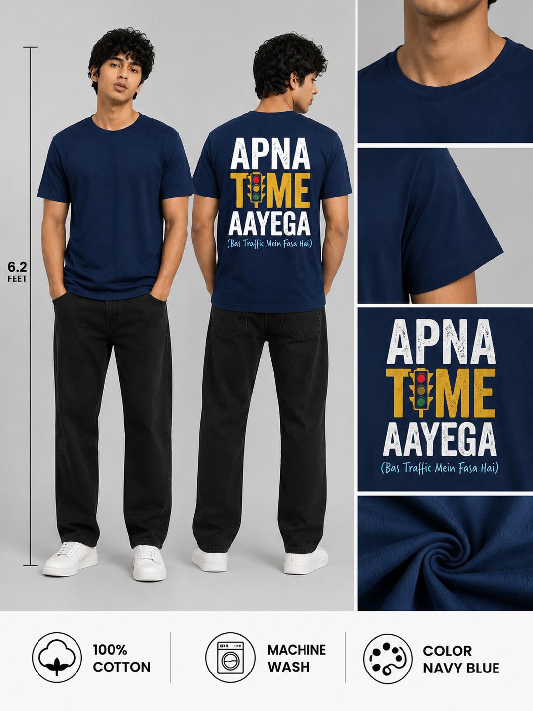 Apna Time Aayega Printed Round Neck Regular Pre-customized Tshirt for Men