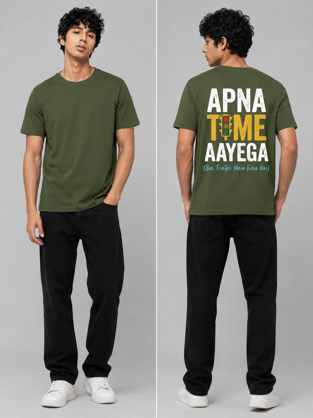 Apna Time Aayega Printed Round Neck Regular Pre-customized Tshirt for Men