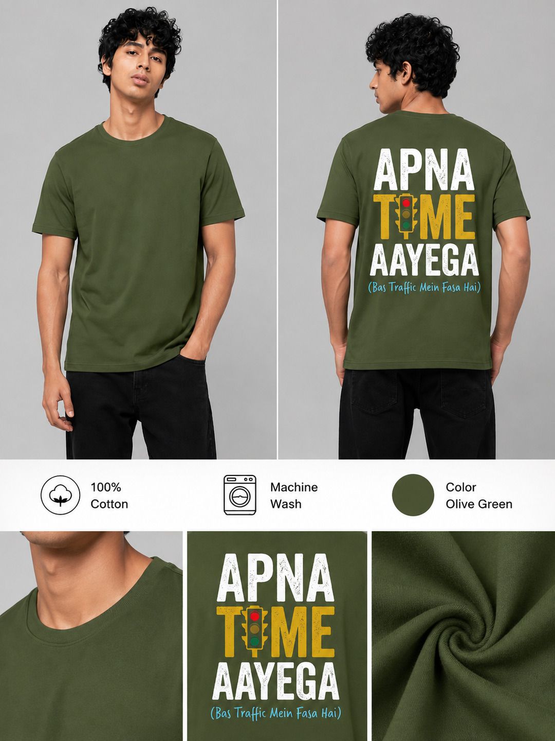 Apna Time Aayega Printed Round Neck Regular Pre-customized Tshirt for Men