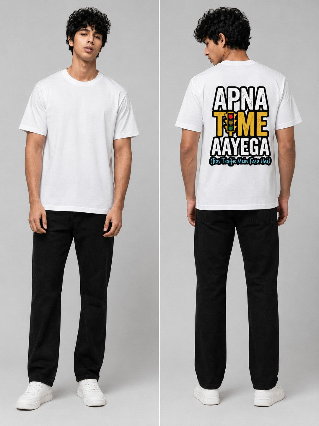 Apna Time Aayega Printed Round Neck Regular Pre-customized Tshirt for Men