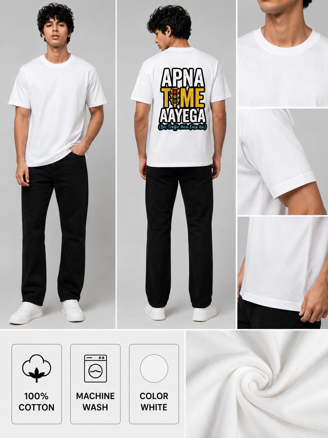 Apna Time Aayega Printed Round Neck Regular Pre-customized Tshirt for Men