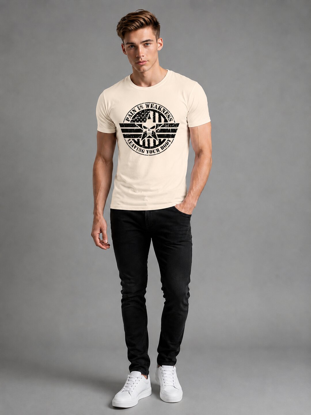 Pain is Weakness Printed Round Neck Regular Pre-customized Tshirt for Men