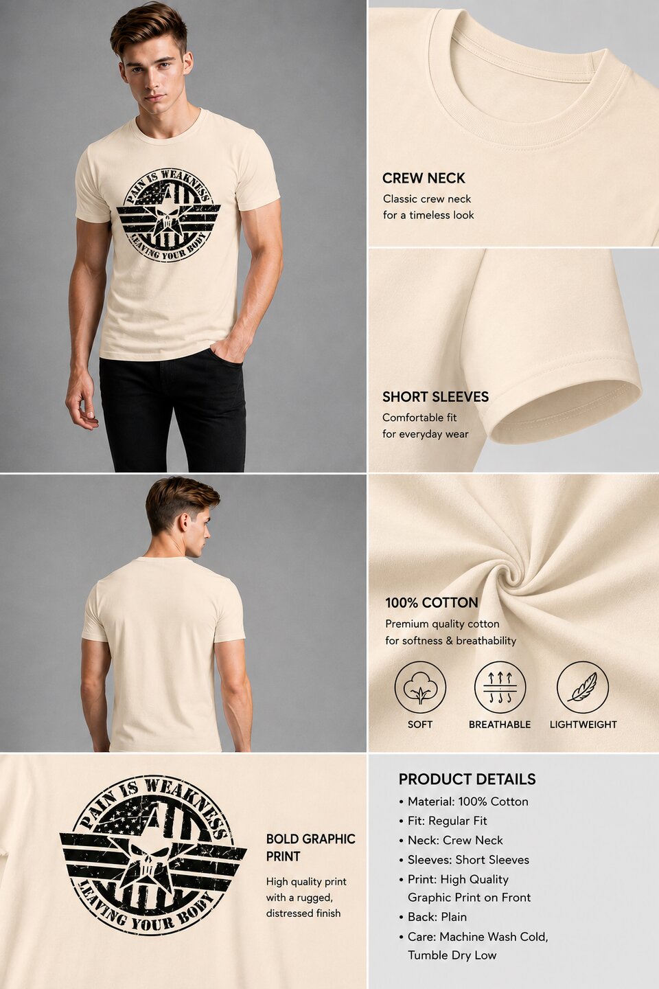 Pain is Weakness Printed Round Neck Regular Pre-customized Tshirt for Men