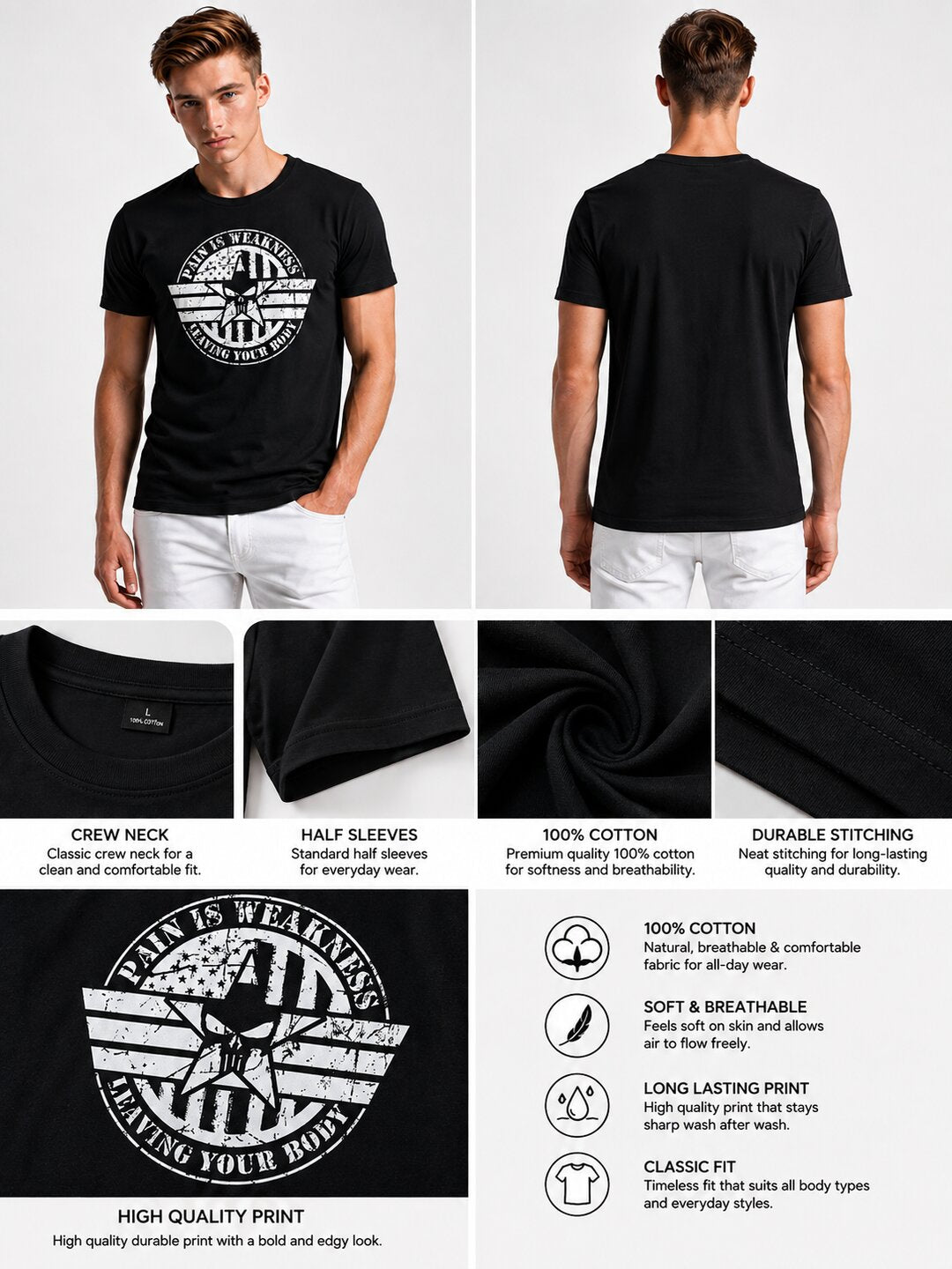 Pain is Weakness Printed Round Neck Regular Pre-customized Tshirt for Men