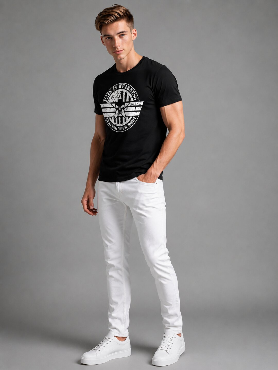 Pain is Weakness Printed Round Neck Regular Pre-customized Tshirt for Men