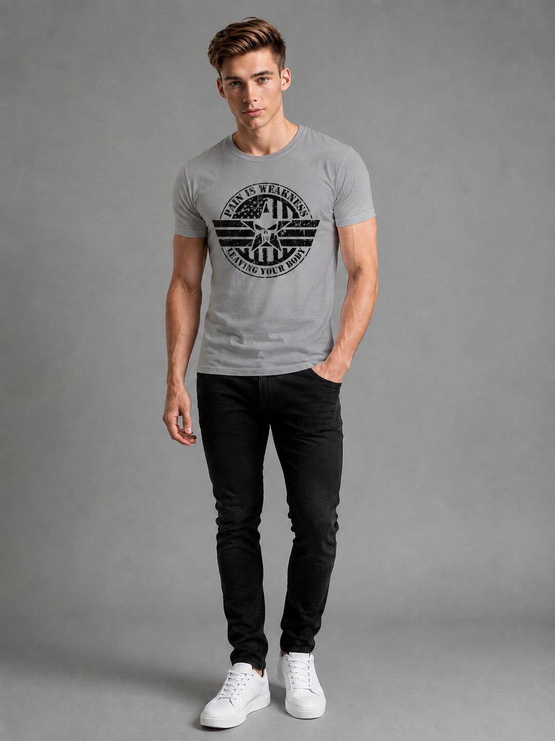 Pain is Weakness Printed Round Neck Regular Pre-customized Tshirt for Men