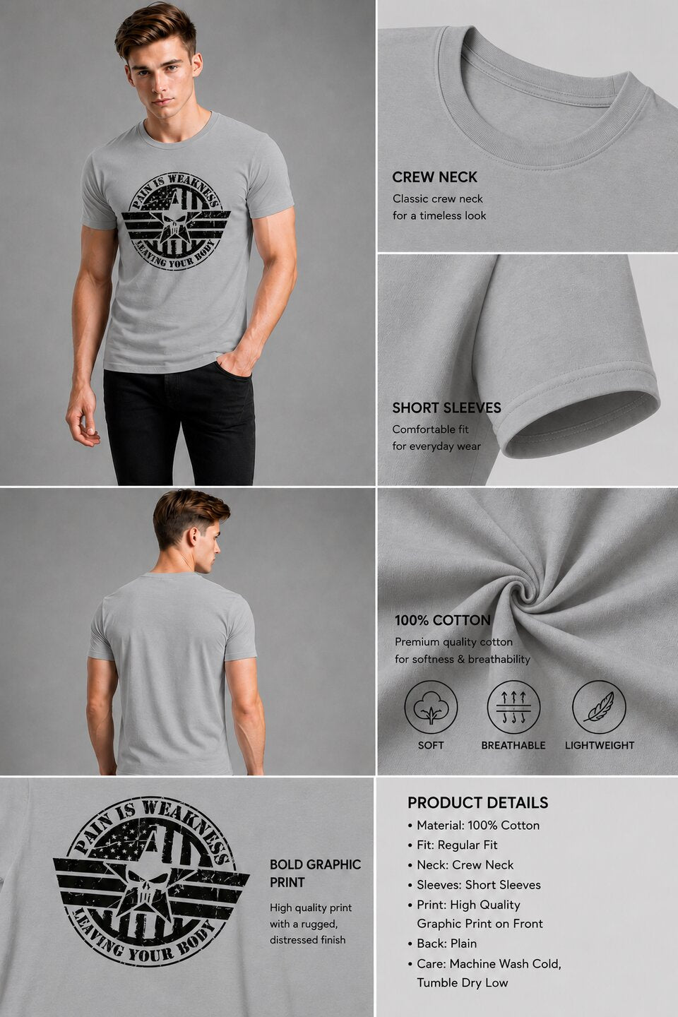 Pain is Weakness Printed Round Neck Regular Pre-customized Tshirt for Men