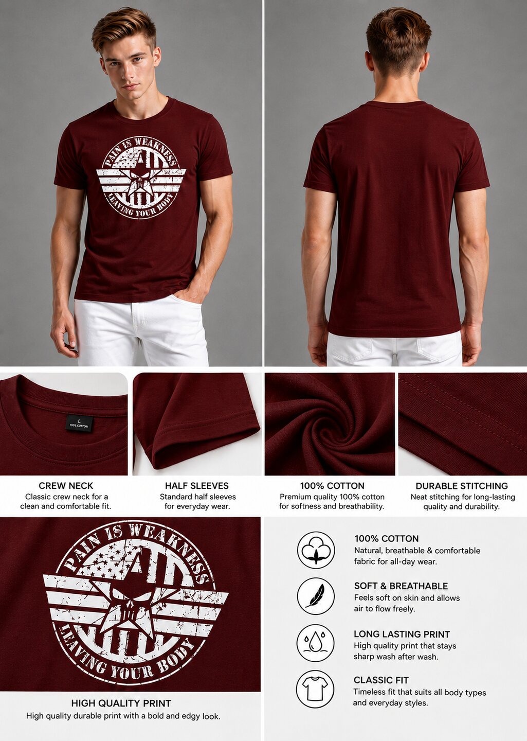 Pain is Weakness Printed Round Neck Regular Pre-customized Tshirt for Men