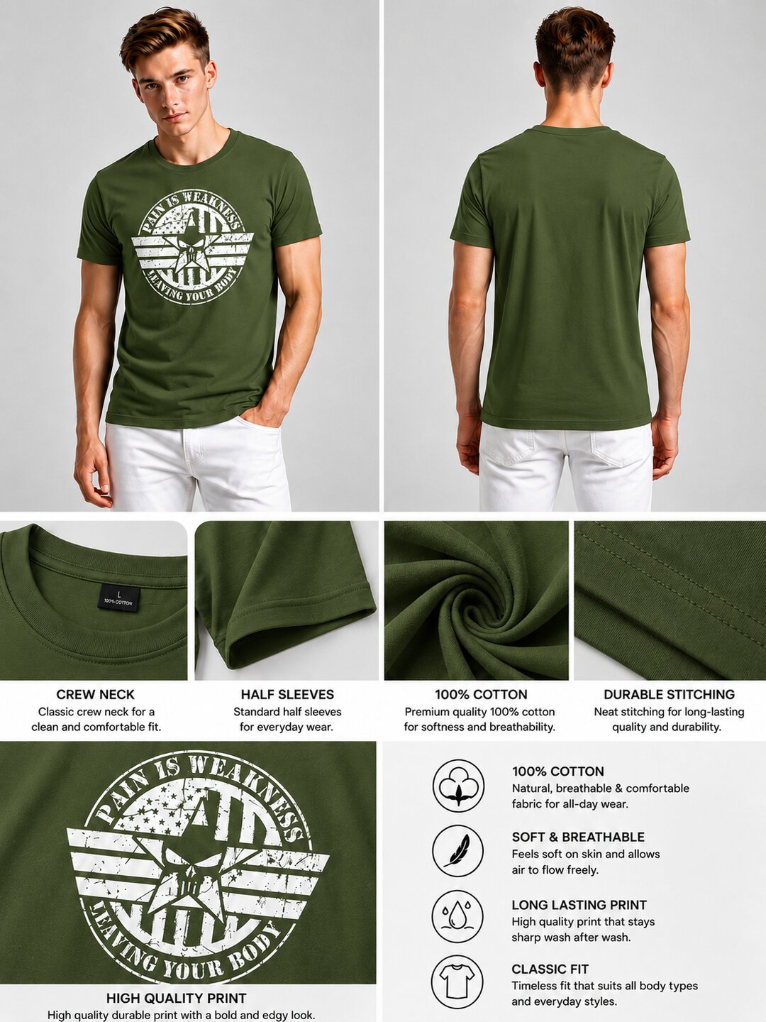 Pain is Weakness Printed Round Neck Regular Pre-customized Tshirt for Men