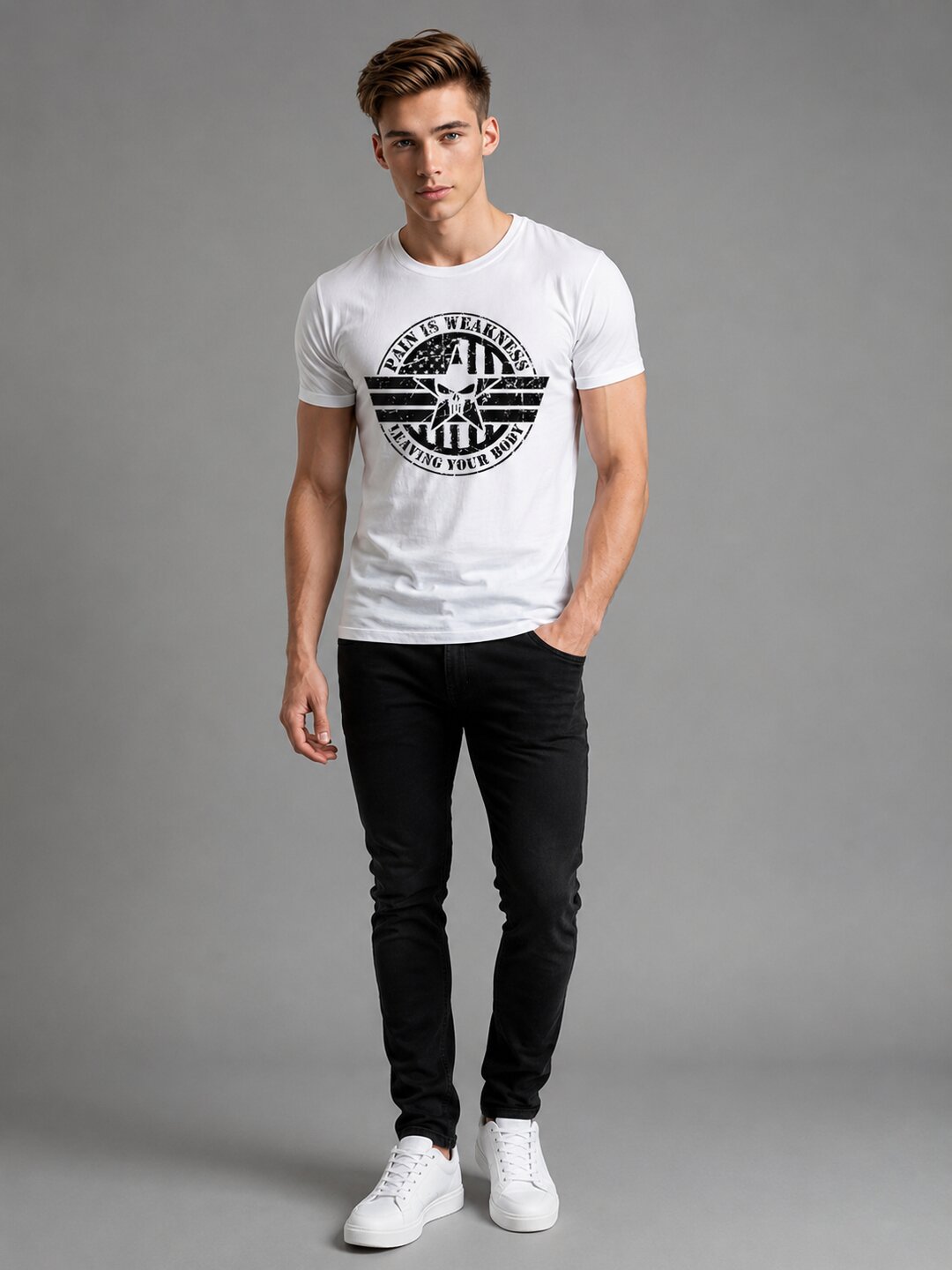 Pain is Weakness Printed Round Neck Regular Pre-customized Tshirt for Men