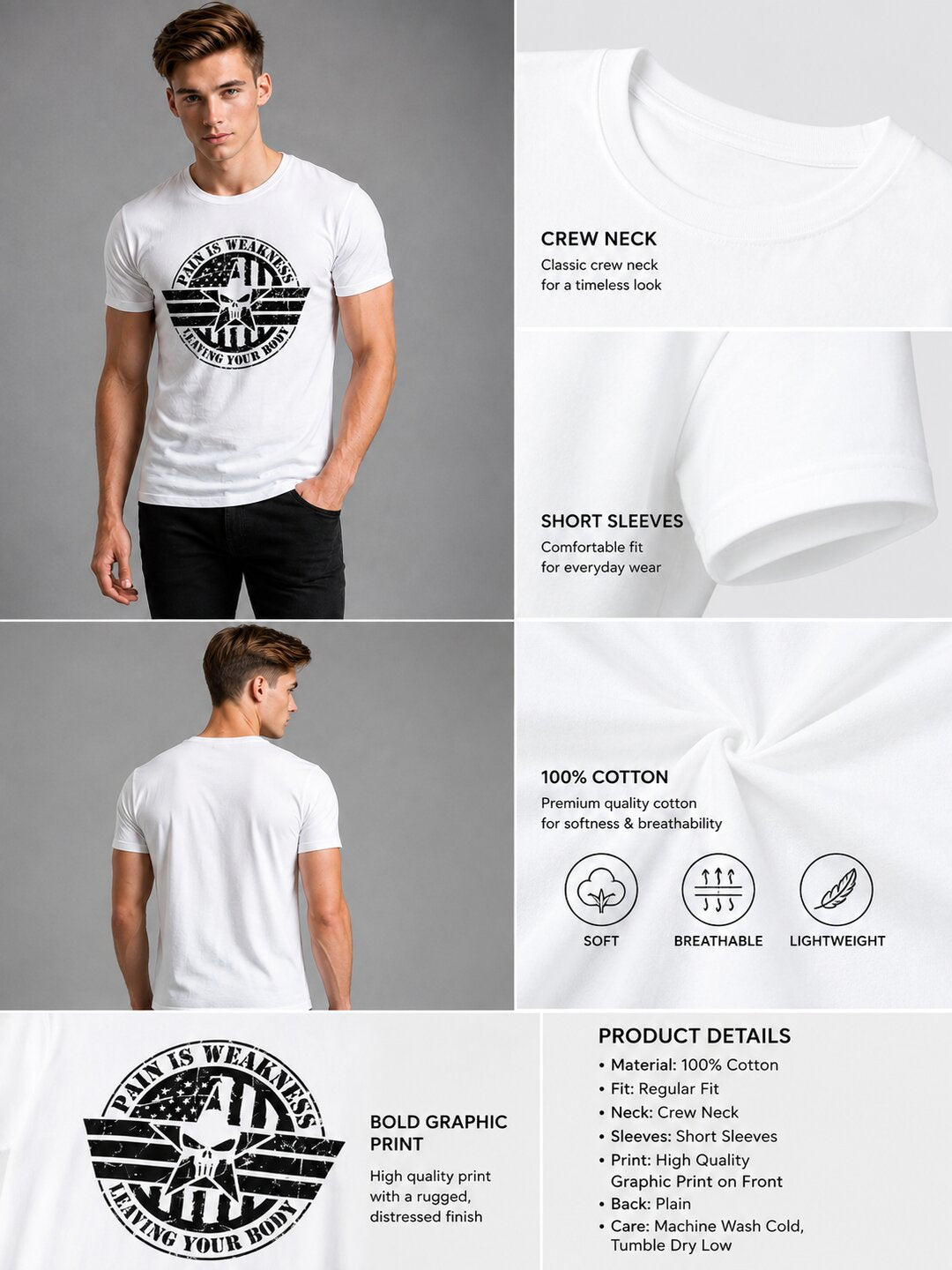 Pain is Weakness Printed Round Neck Regular Pre-customized Tshirt for Men