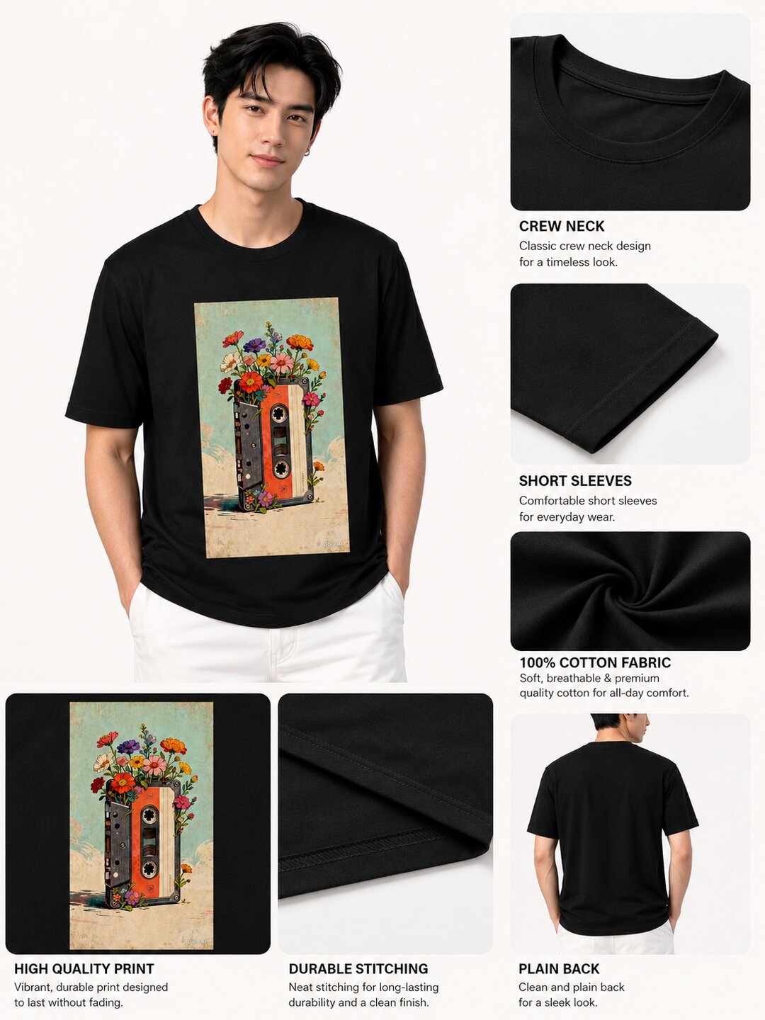 Casette Printed Round Neck Regular Pre-customized Tshirt for Men